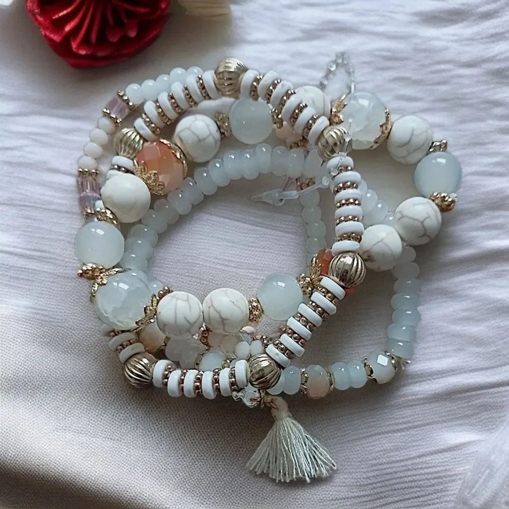 Glass Beaded Stacked Bracelet Rows Beads‎ Floral Neutrals Y2K Boho Fairy Indie